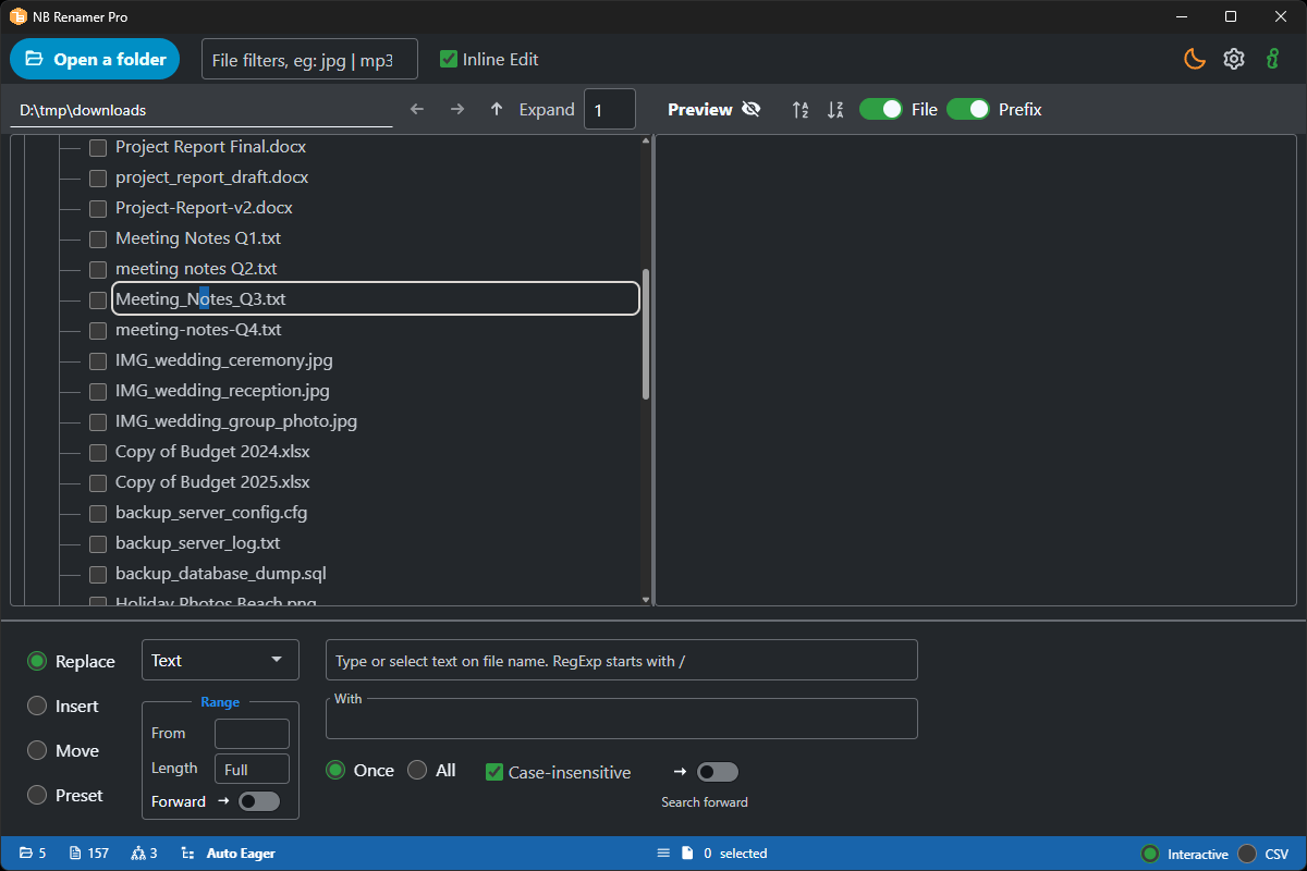 Inline editing in the folder tree panel